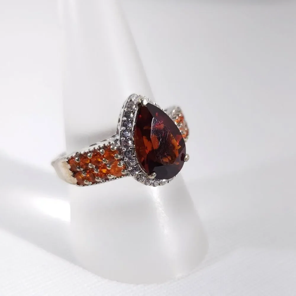 Brazilian Red Citrine Pear and Fire Opal Ring Size 8